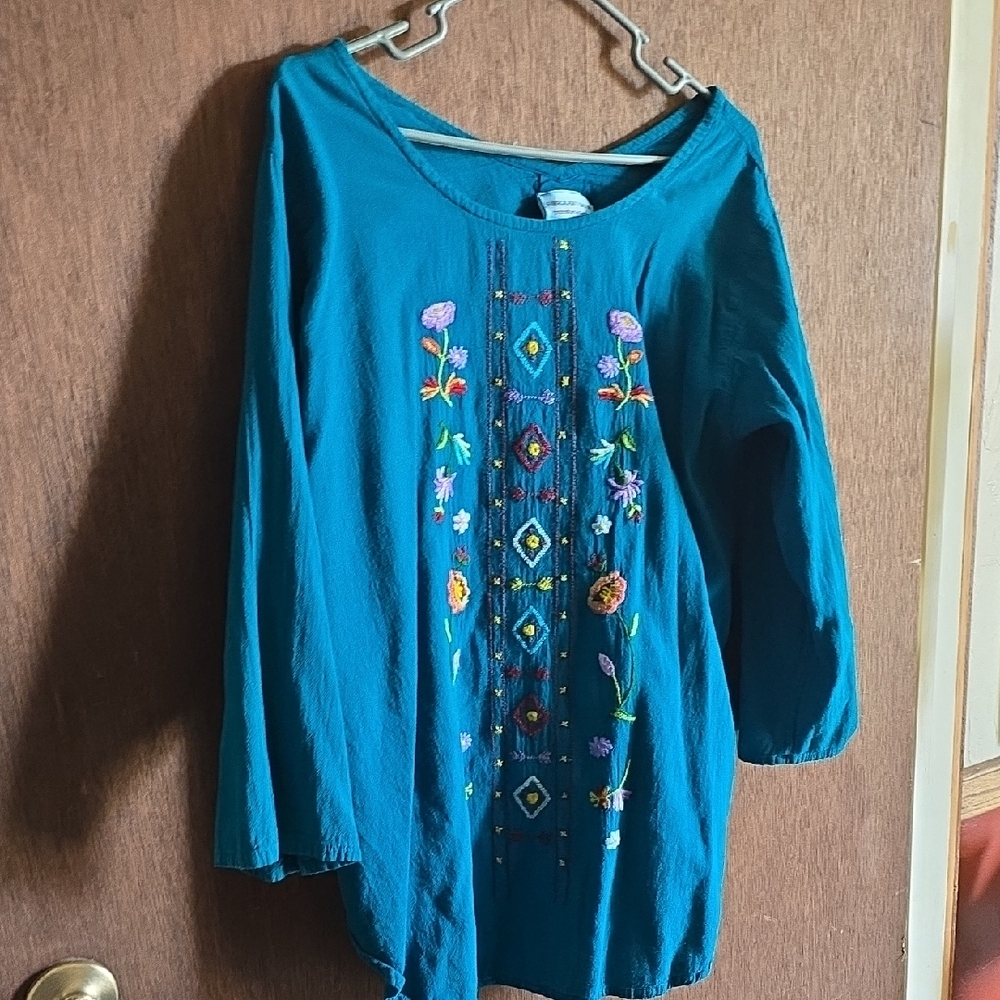 Embroidered Teal Women's Tunic with Floral Front Panel